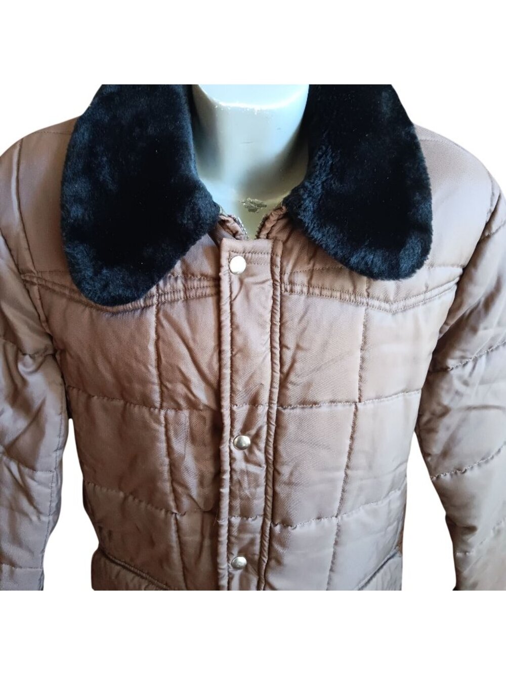 1980s Vintage Miller Denver Large Rancher Quilted Jacket Black Faux Fur Collar